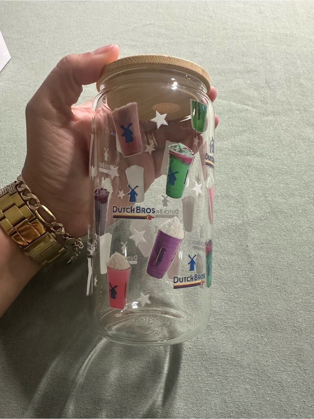 Dutch Bros Clear Glass Tumbler with Colorful Cup Designs and Bamboo Lid